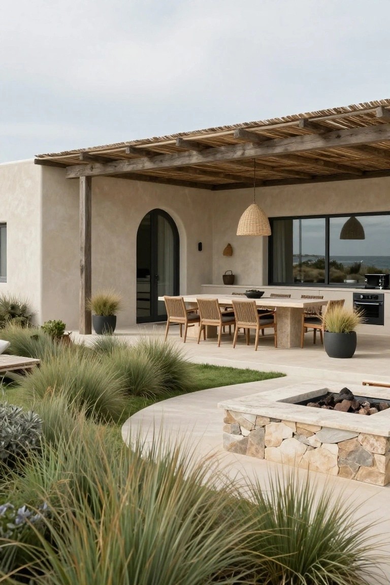 A beige stone terrace outdoors with a long rectangular dining table and rattan chairs under a thatched wood pergola next to a modern house, a built-in fire pit nearby, and grasses in black pots.