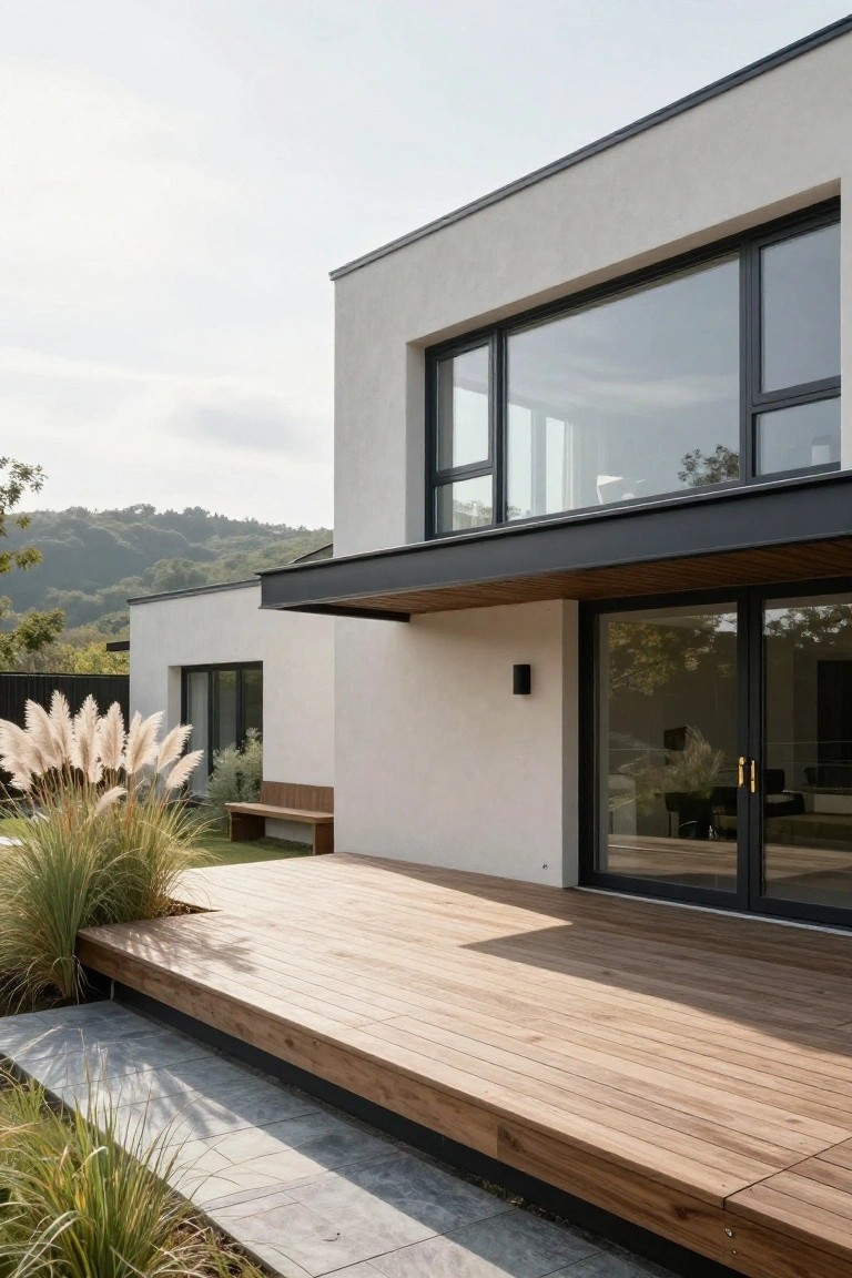 Modern white plaster house exterior with black metal cantilevered roof overhanging a wooden deck, large black-framed glass doors and windows, pampas grass plantings, and hillside backdrop.