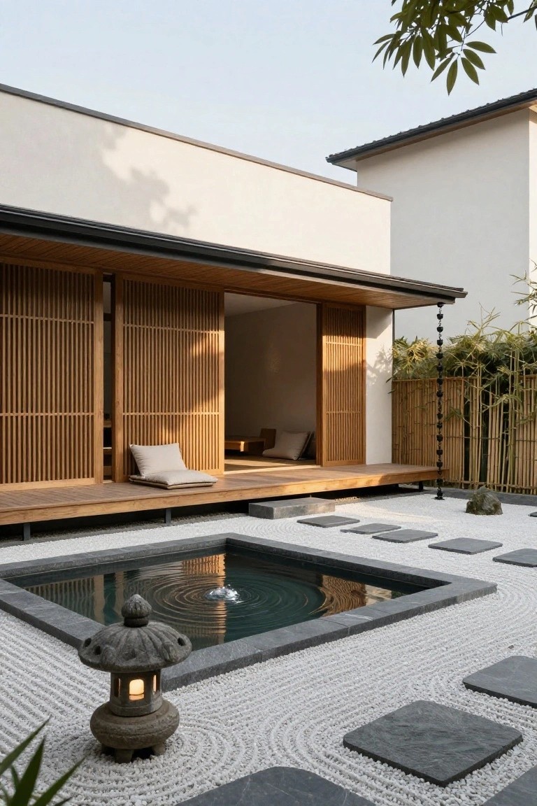 Wooden veranda with beige cushions extending from a modern house with slatted screens and white walls, overlooking a zen garden of raked white gravel, black stepping stones, stone lantern by a small dark water pool, surrounded by bamboo fencing.