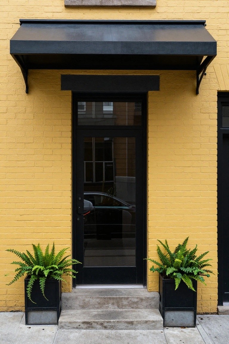 Yellow brick house facade with black metal awning over a glass entry door with black frame, flanked by black square planters filled with ferns, concrete steps, and a sidewalk.