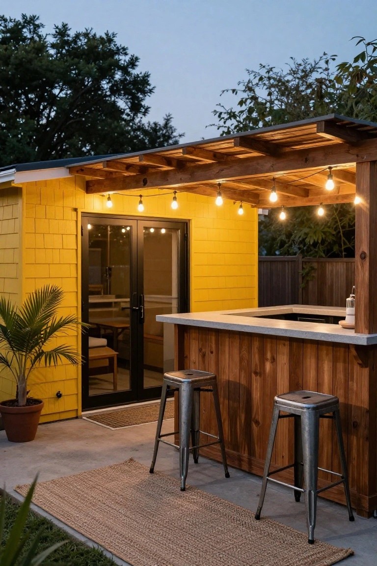 Backyard outdoor bar attached to a yellow shiplap shed with wooden pergola strung with lights, concrete countertop, two metal stools, potted palm plant, and seagrass rug on concrete patio at dusk.