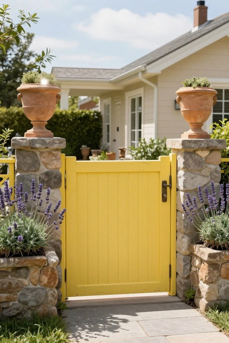 Yellow wooden pedestrian gate between stone pillars with lavender plants on both sides, pathway leading to a beige house with potted plants nearby.