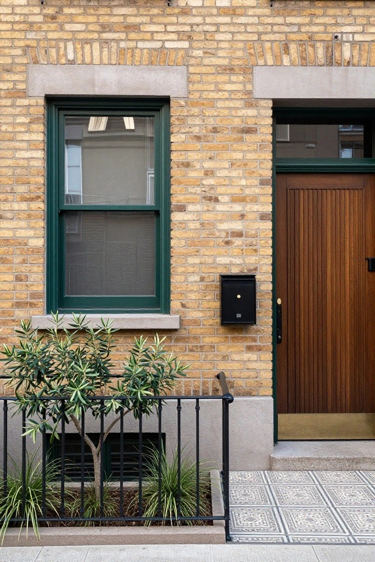 Yellow brick townhouse exterior with green-framed double-hung window, paneled wooden front door, black mailbox, iron railing around plants, and tiled entry steps.