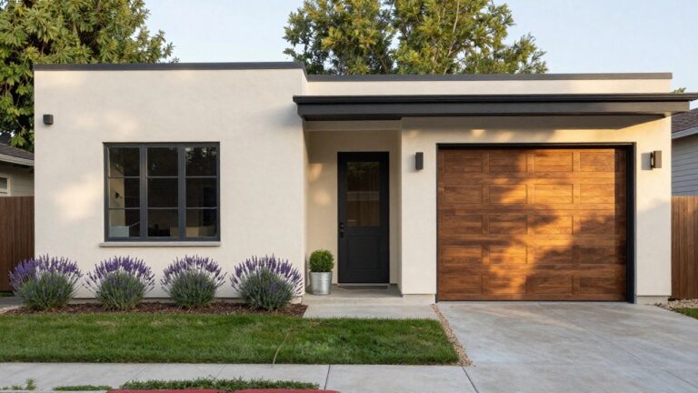 11 Modern House Exterior Yellow Shades That Feel Cheerful Modern house exterior with pale stucco walls, a large wooden garage door under a black metal awning, a nearby window, lavender plants in a metal bucket, grass patches, and a concrete driveway.