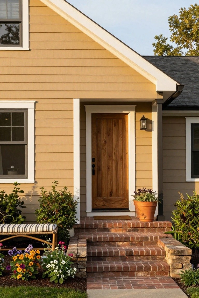 Front exterior of a house with golden yellow horizontal siding, white trim, wooden front door, lantern light, brick steps, potted plants, flowers, shrubs, and a bench.