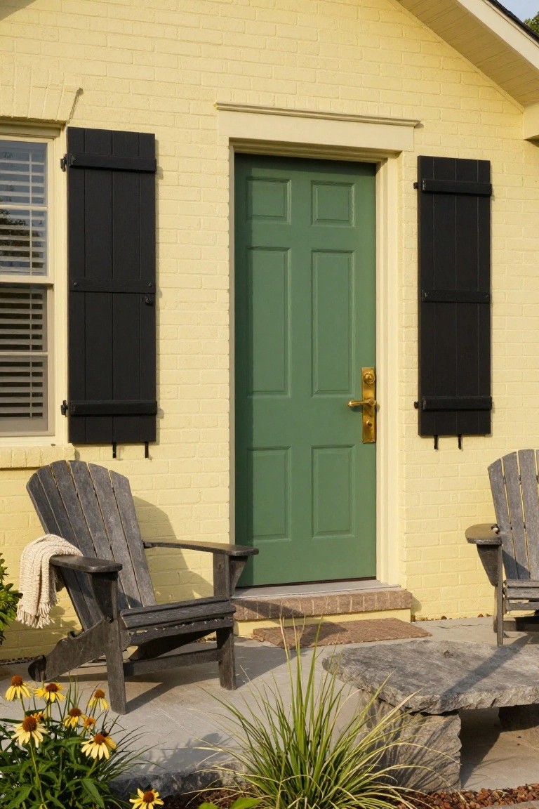 Pale yellow brick house exterior with green six-panel front door, black shutters on windows, Adirondack chairs and stone table on porch, and low plants nearby.