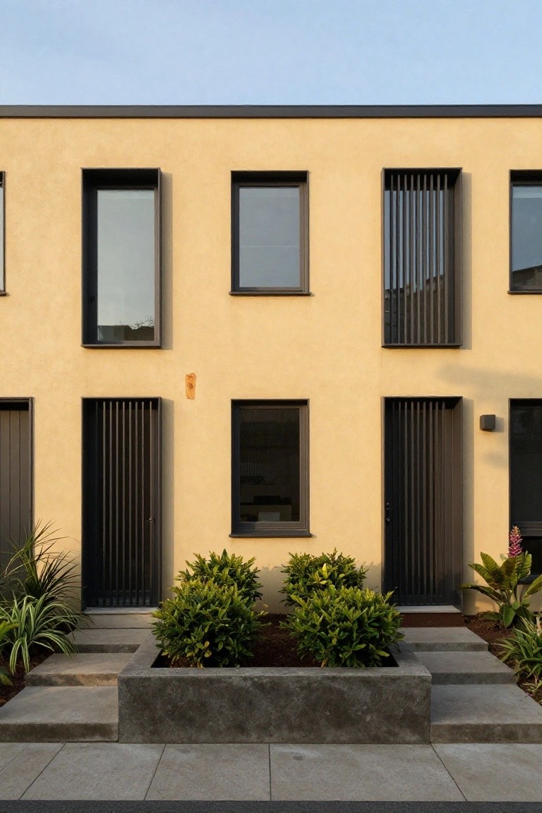 Three modern terraced houses with pale yellow stucco walls, black metal-framed windows, louvered black doors, and front landscaping with potted plants and a central concrete planter box on gray steps.