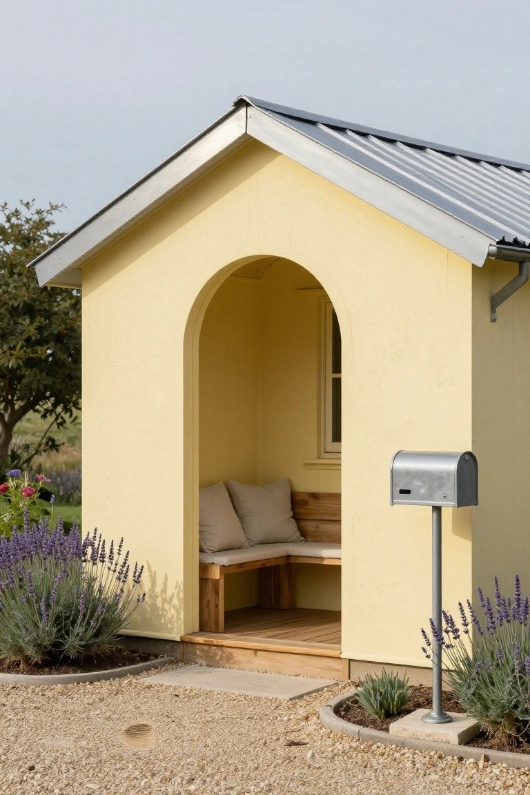 Small pale yellow gabled pavilion with metal roof, open arched entrance containing cushioned wooden bench, small window, silver mailbox on post, surrounded by lavender plants and gravel ground.