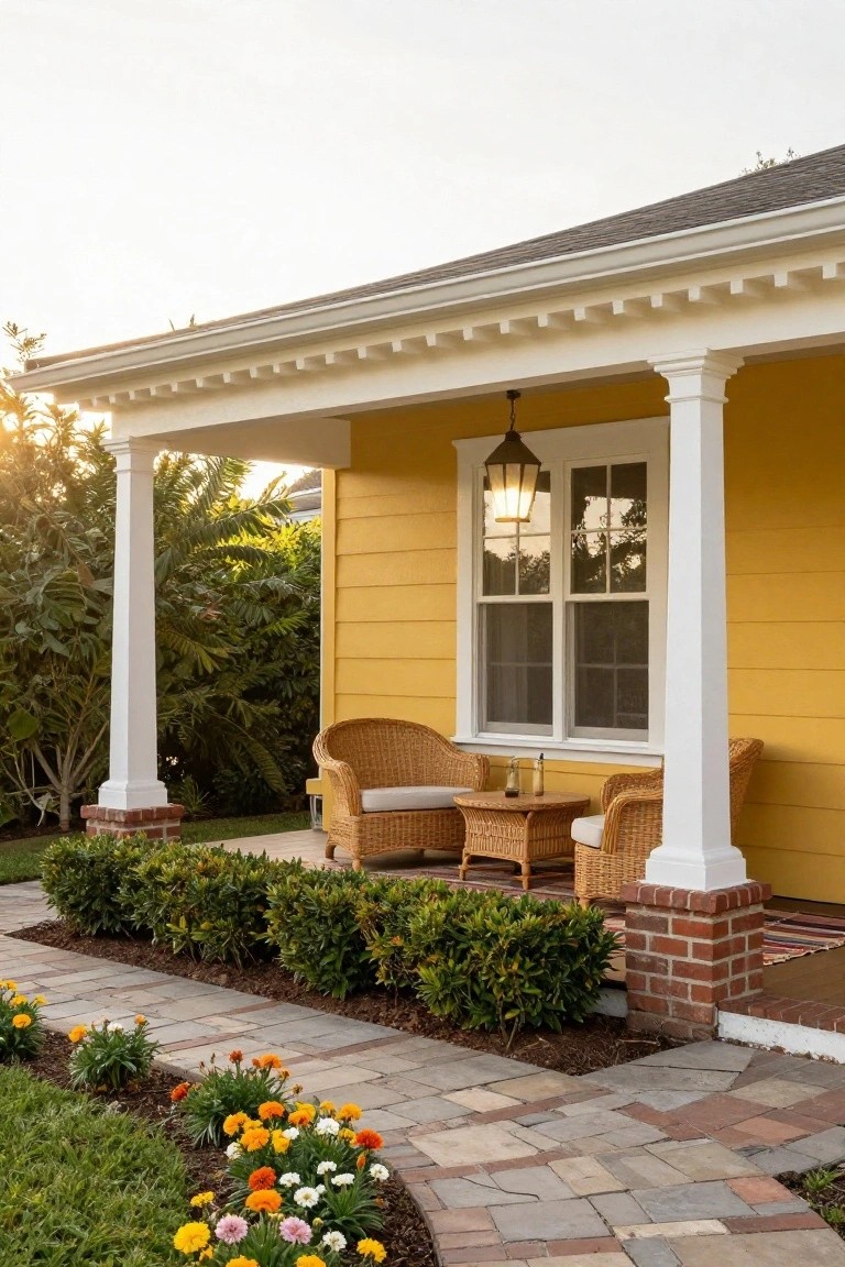 A two-story yellow clapboard house with white trim and porch columns, wicker chairs and table on the porch under a hanging lantern, brick pathway edged with flowers and shrubs leading to the entry, surrounded by grass and palm trees.