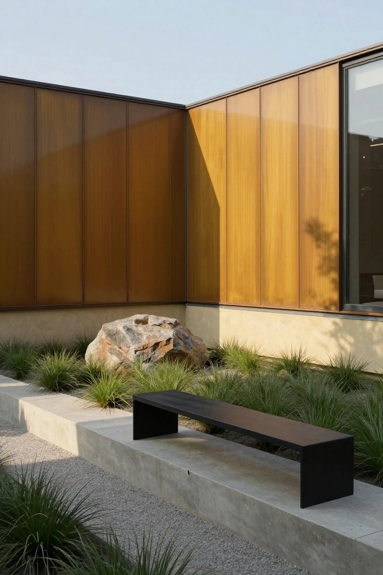 Corner view of a modern house exterior with vertical warm golden-toned wood cladding, a large dark-framed window, a large boulder surrounded by ornamental grasses, a black bench on a concrete platform, and a gravel path.
