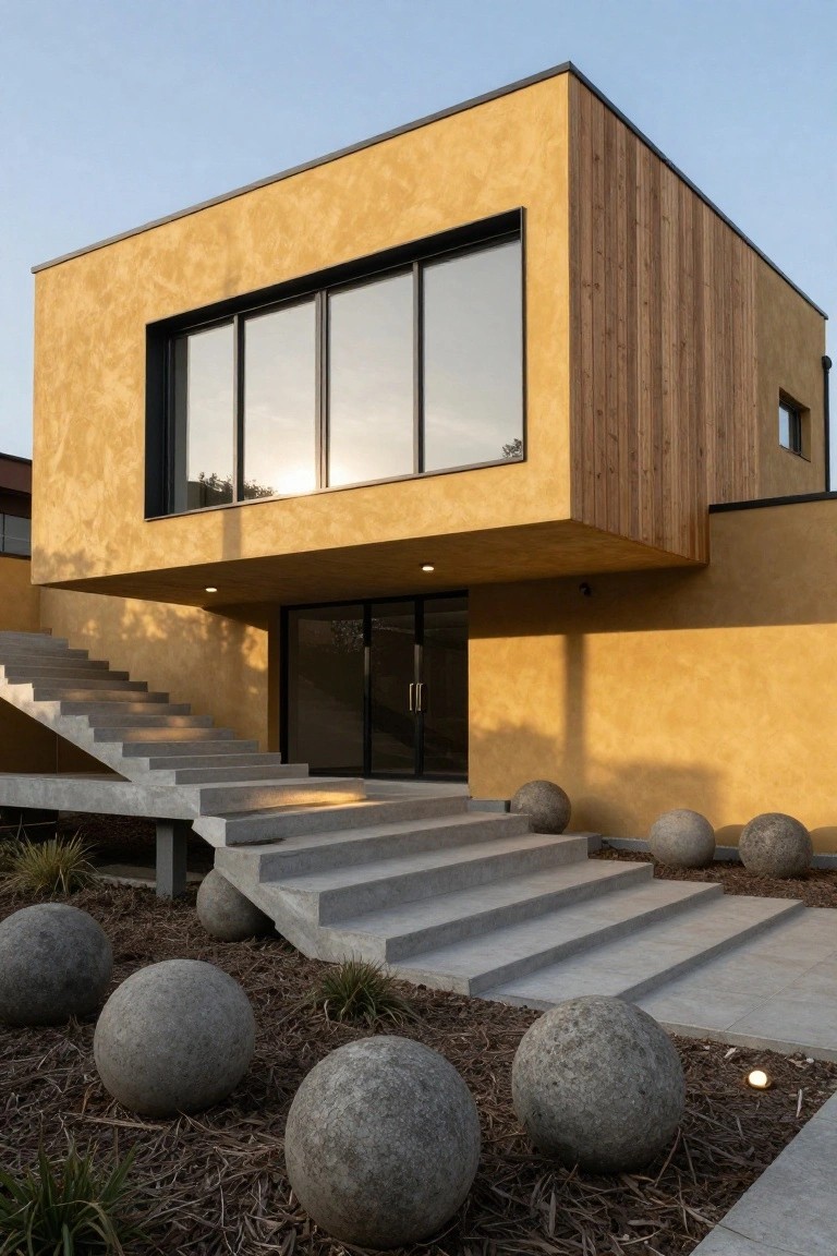 Modern box-shaped house exterior with textured yellow plaster walls, vertical wood cladding on one side, large horizontal glass window, black-framed entry doors up concrete stairs, and large gray stone spheres in gravel landscaping.