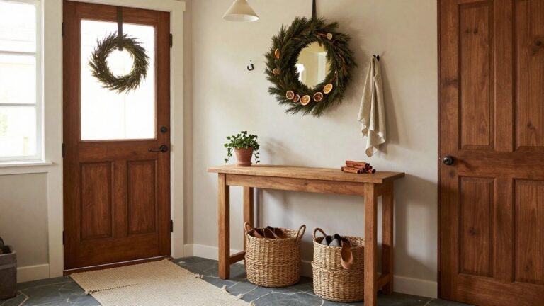 Green paneled door with pine branch wreath featuring pinecones and cream ribbon, beside a small round wood table holding a lit brass lamp, stacked books, and a white bowl in a white-walled interior space with seagrass mat outside the door.