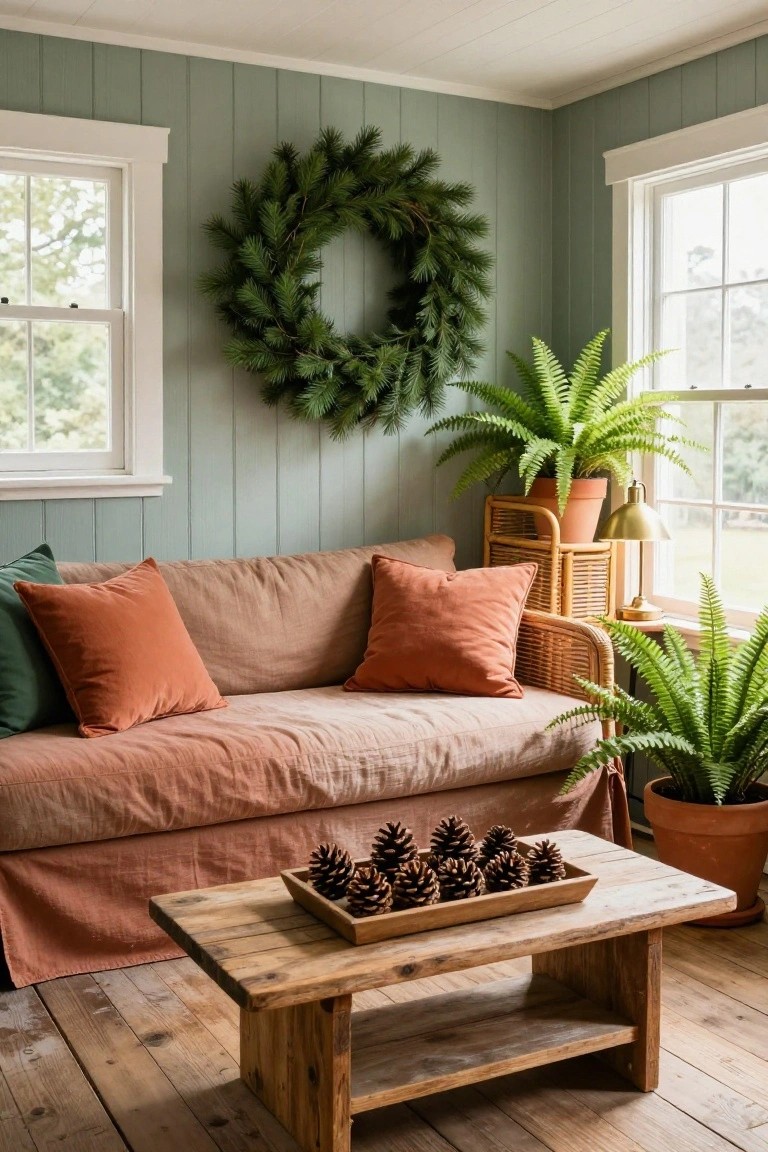 Three green pine Christmas wreaths with red berries suspended by thin cords from a dark gray interior wall beside an open white door, above a black metal console table with beige runner, stacked books, gray stoneware candles, and copper bowl on a wood floor.
