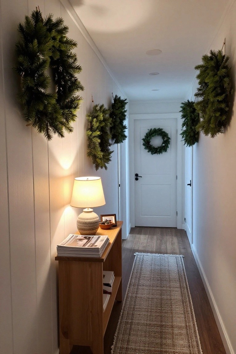 Teal built-in bookshelves in a home office displaying a pine branch wreath with text, fern plant in a pot, cork bulletin board with fabric swatches and papers, brass desk lamp, stack of books, leather desk mat on wooden desk, and upholstered chair.