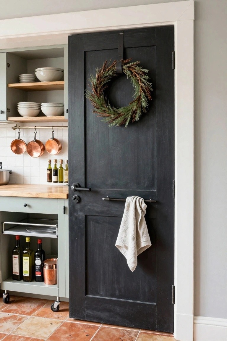 A large pine branch wreath with pinecones encircles a lit pillar candle in a glass cylinder on a white quartz kitchen island, flanked by wooden stools, with black pendant lights overhead and open shelves holding white dishes in the background.