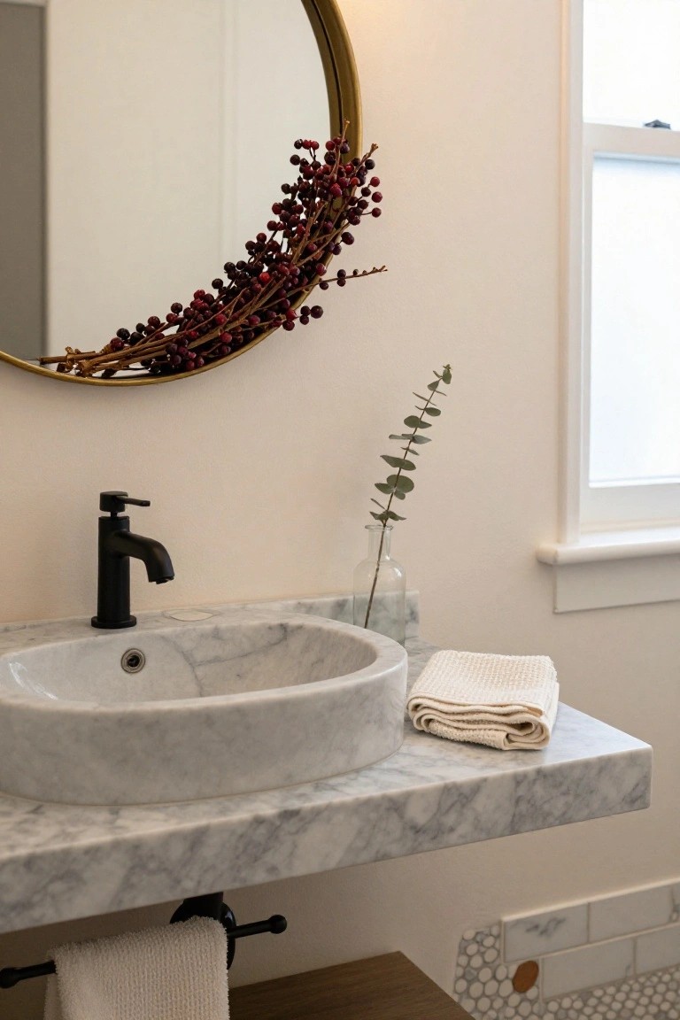 Laundry room interior featuring a wreath of pine branches on a white wall, brass faucet over brown sink, wooden bench with woven baskets, shelves holding glass jars, hooks with towels and bags, and a white washer nearby.