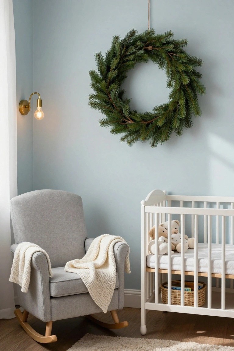 Round wooden mirror framed by green pine garland with white fairy lights above a white marble bathroom vanity featuring a black faucet, soap dispenser, towels hanging on a wall rack and stacked in the wooden cabinet below, on a beige textured wall.