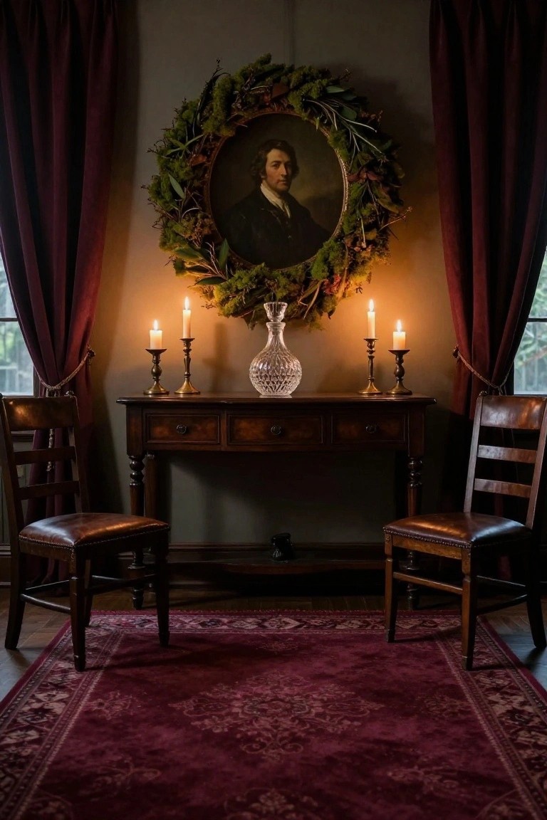 Bedroom interior with black iron bed draped in white linens, wooden dresser holding a teacup and saucer, two lamps, ornate mirror, pine branch wreath with holly and ribbon on beige wall, and paned window.