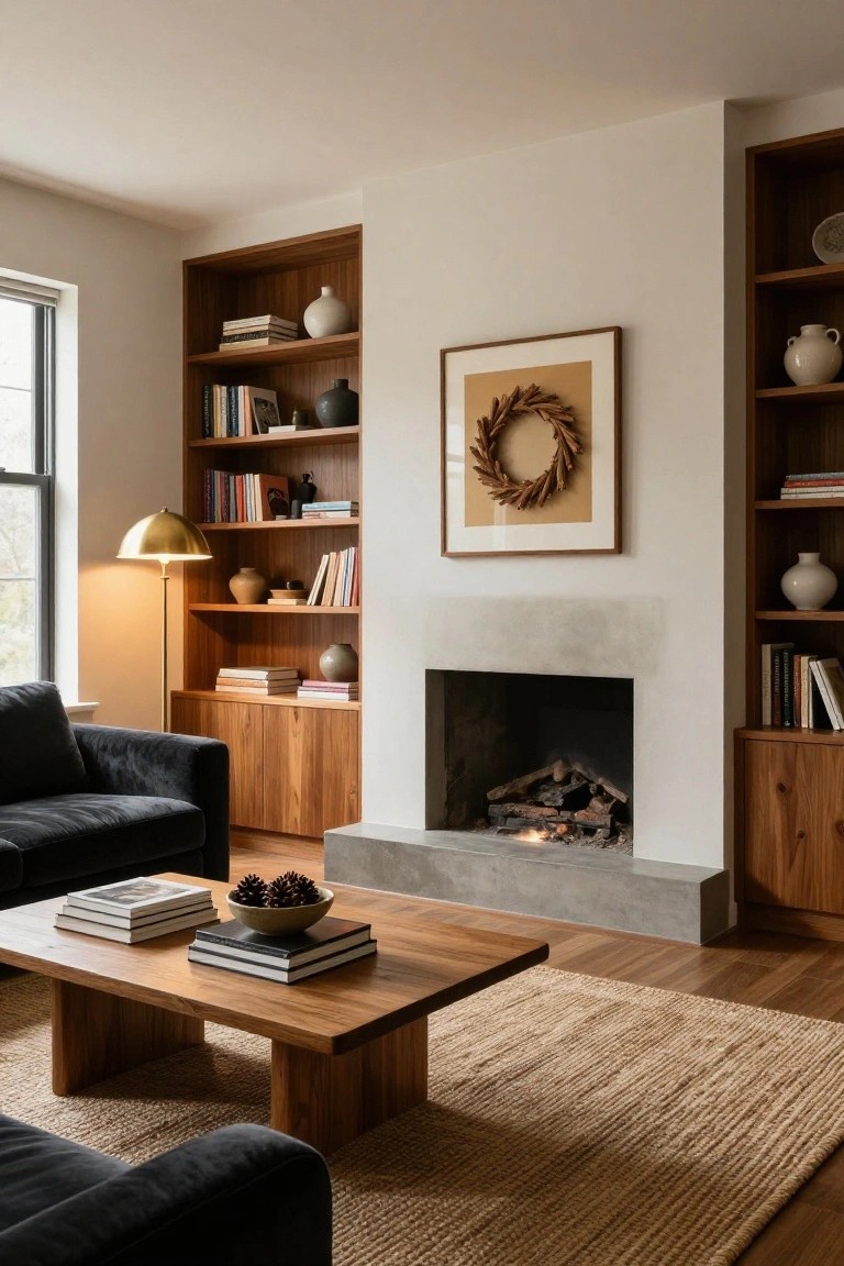 Living room with wooden built-in bookshelves flanking a beige stone fireplace, a large pine Christmas wreath with gold bells hanging above the mantel, and a cream sofa with velvet pillows in front.