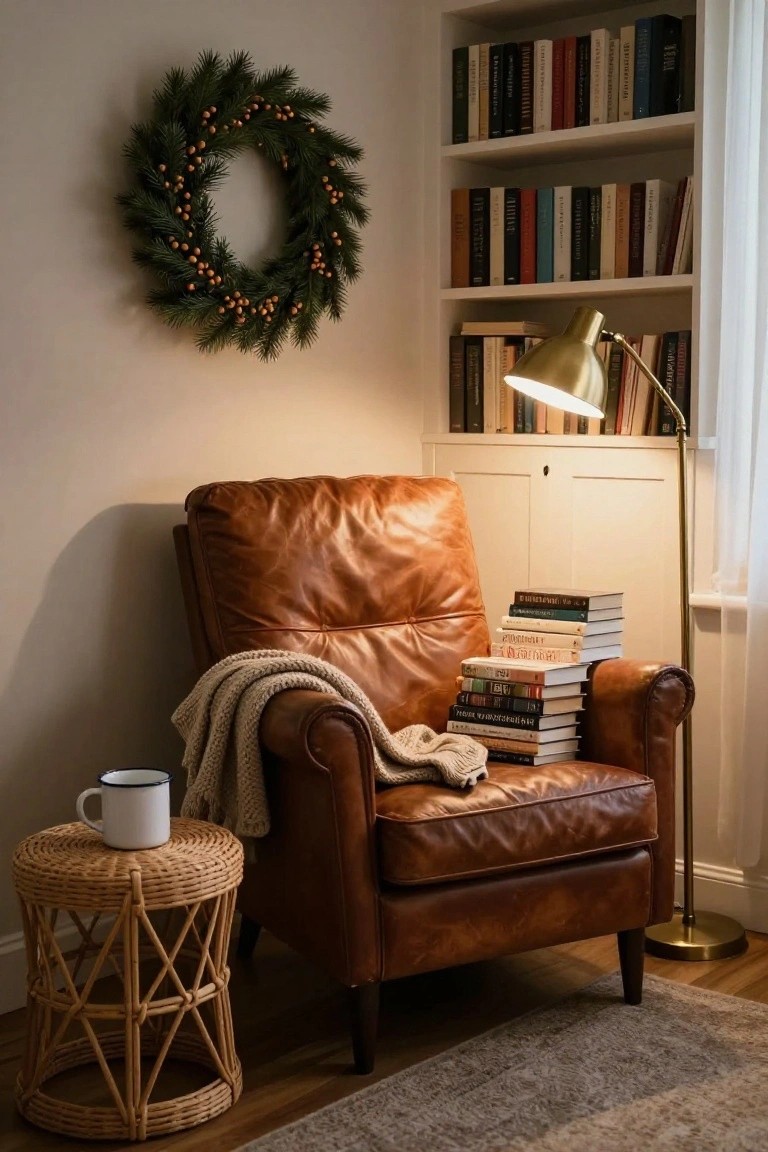 Rattan armchair with plaid blanket in indoor corner, wood side table with mug and books, tall floor lamp lit, pine branch wreath on wall above chair, bookshelves to the side.