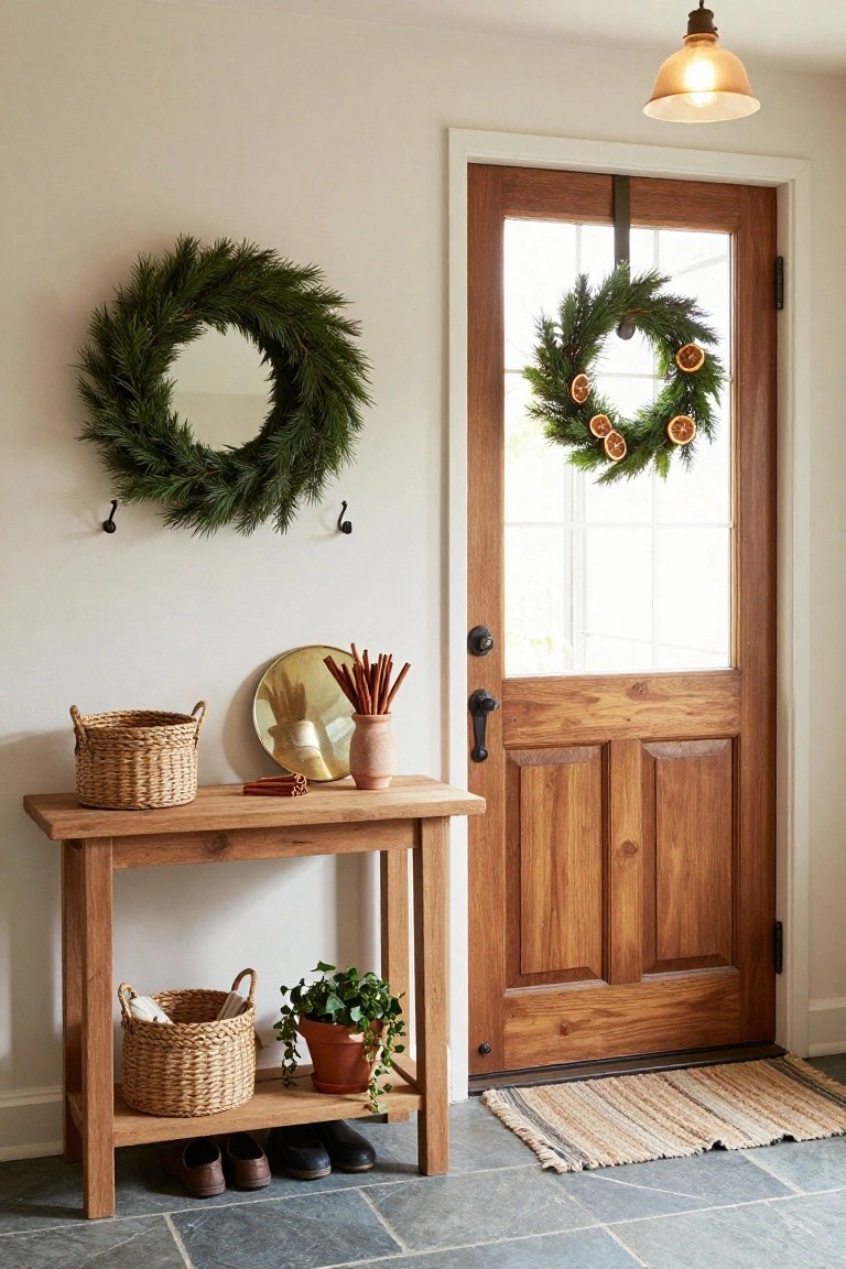 Green paneled door with pine branch wreath featuring pinecones and cream ribbon, beside a small round wood table holding a lit brass lamp, stacked books, and a white bowl in a white-walled interior space with seagrass mat outside the door.
