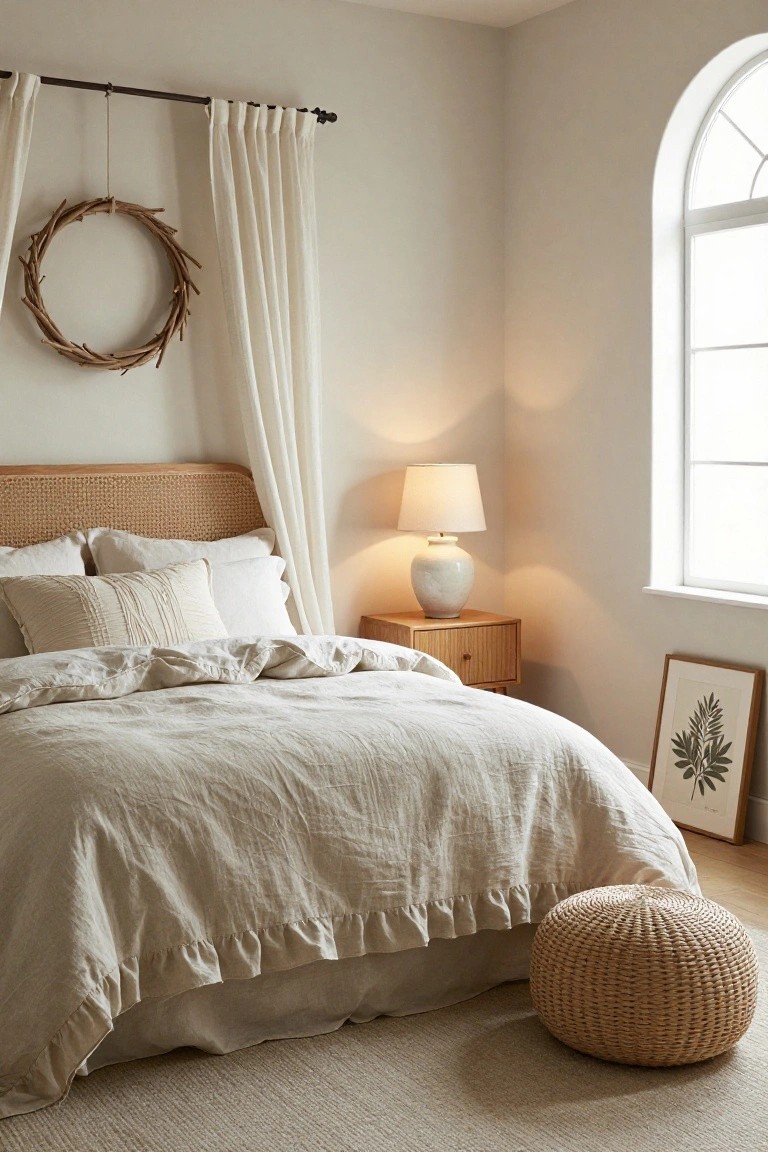 Large evergreen Christmas wreath hanging in front of a window in a white interior stairwell nook, with black railing, bench covered in black-and-white checkered blanket, vintage suitcase, wicker basket, and towel on hook nearby.