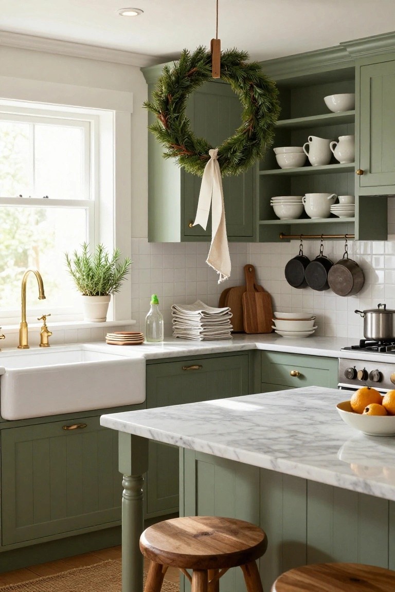 A pine Christmas wreath with dried orange slices and eucalyptus hangs on the open door of a white wood-paneled pantry in a white kitchen with copper pots on wooden shelves, a farmhouse sink, and potted plants nearby.