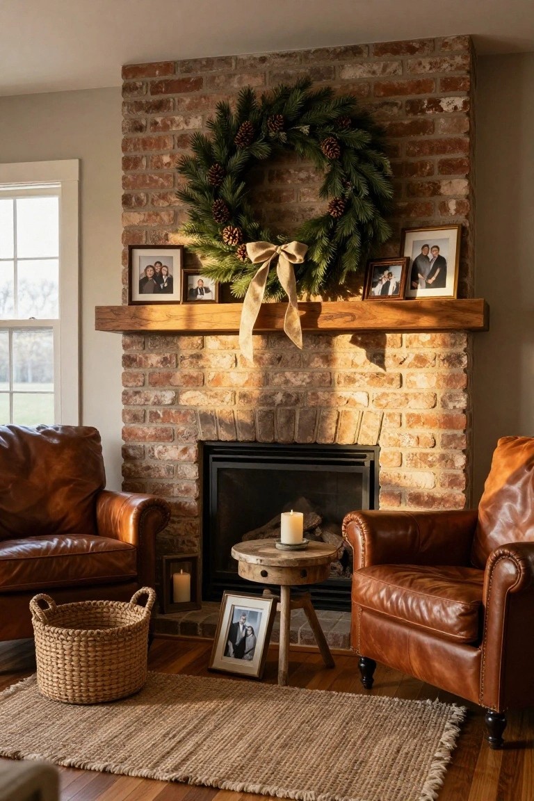 Bedroom interior with a large circular pine Christmas wreath accented by leaves and a leather strap hung above a slatted oak headboard, white and beige linens on the bed, rattan nightstand holding a ceramic lamp, and neutral walls with a framed abstract print.
