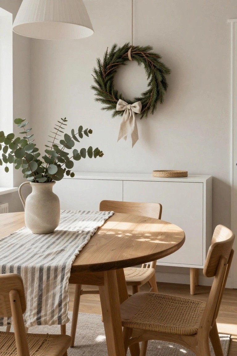 Neutral gray dining room with oval light wood table set with white plates, brass candlesticks and gray taper candles, beige upholstered chairs, wooden ladder shelf holding folded linens, and green pine Christmas wreath with white berries hanging on wall under black pendant light by window.