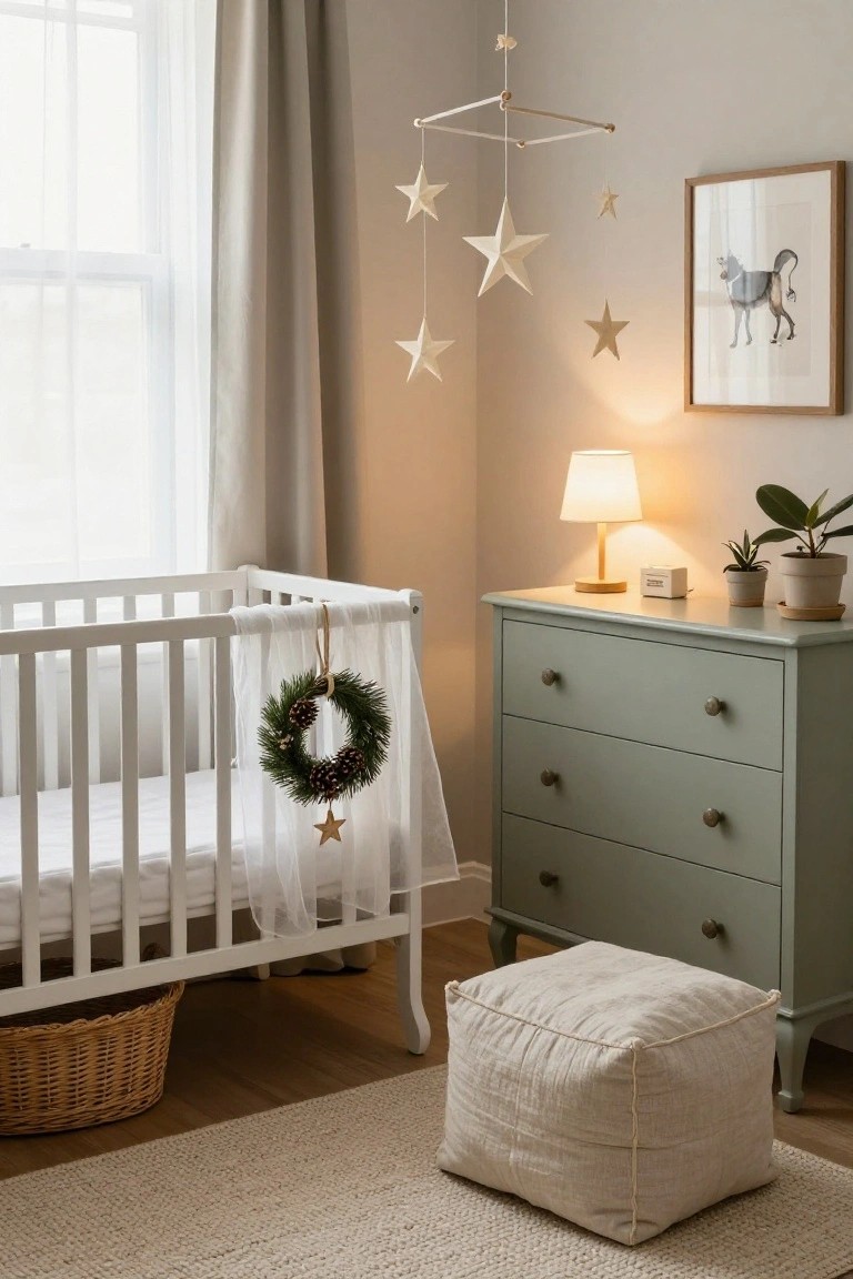 Nursery with white crib, sage dresser, star mobile, and linen pouf.