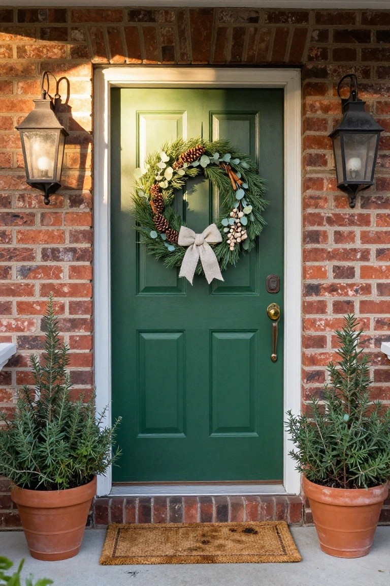 Gray front door with eucalyptus and pinecone wreath tied with burlap bow, beside wooden console table holding white marble tray, wicker basket, shoe, and umbrella stand in ceramic vase on wood floor.