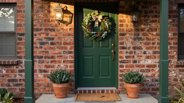 19 Pinecone Christmas Wreath Ideas That Feel Earthy and Classic Gray front door with eucalyptus and pinecone wreath tied with burlap bow, beside wooden console table holding white marble tray, wicker basket, shoe, and umbrella stand in ceramic vase on wood floor.