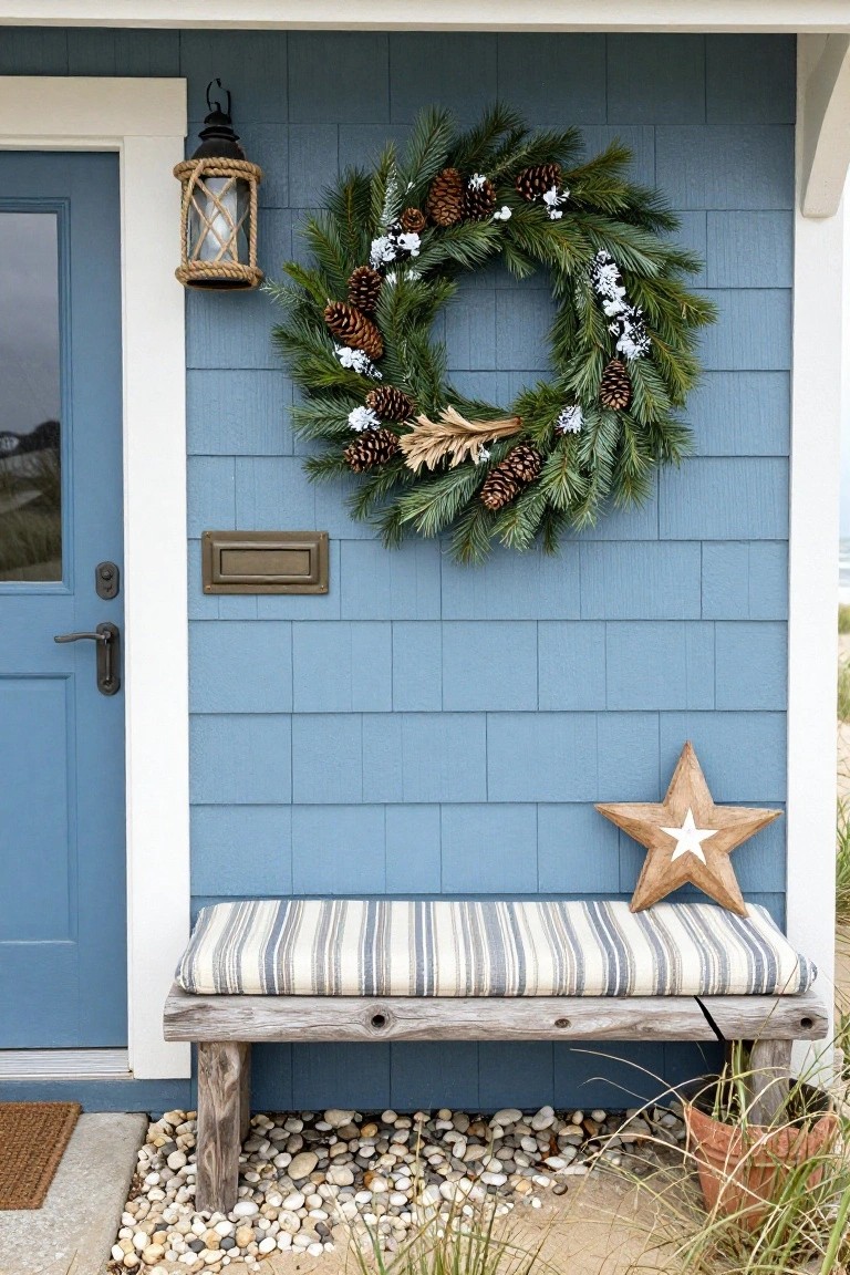 Pinecone Christmas wreath on white wall above mirrored console table with potted aloe and succulents, woven baskets, brass tray, wooden umbrella stand, and beige rug in narrow indoor entry space.
