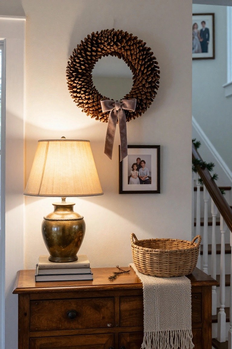 Hallway corner with pinecone Christmas wreath encircling a round mirror on the wall, brass lamp and stacks of holiday cards on a floating wooden shelf below, and a brown wool blanket draped on a hook nearby.