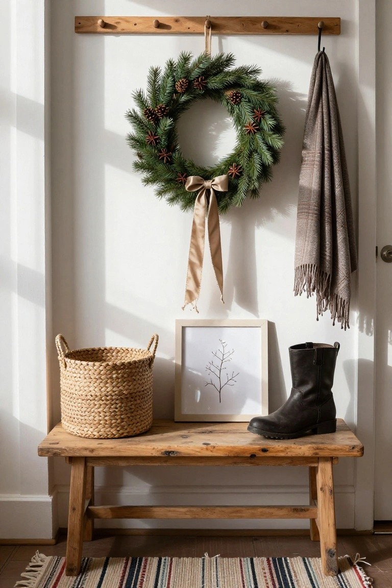 Bathroom with floating oak vanity holding white sink, black matte faucets, folded white towels, lavender bouquet in terracotta pot, soap dish, and round mirror encircled by eucalyptus and pinecone wreath on white tiled wall under window with roller shade.