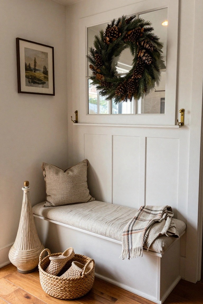 Pinecone wreath with cream bow hanging on light blue vertical wood-paneled wall above round wooden table holding white pitcher, next to stone fireplace with wooden mantel, rattan chair, built-in bench, in cozy interior nook.