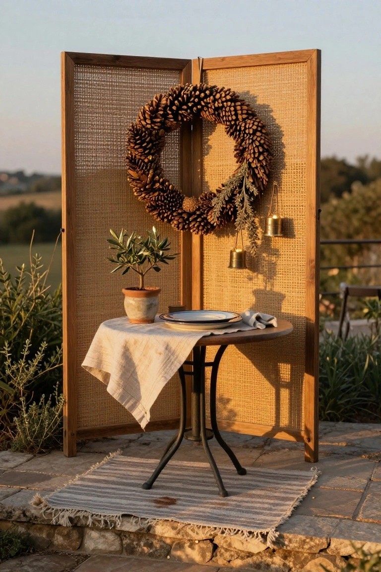 Pinecone wreath on wooden screen above table with plant and plates.