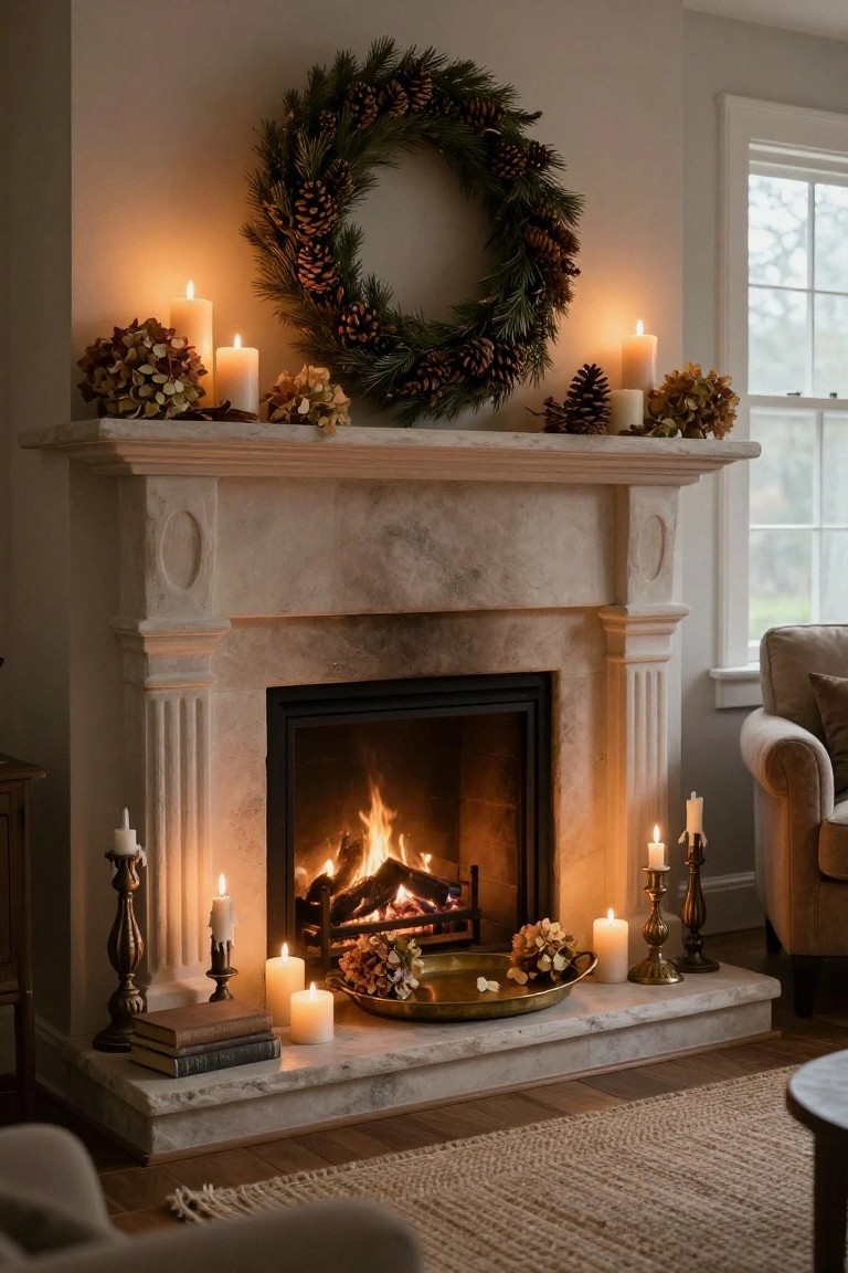 Cozy marble fireplace with lit fire, wreath, candles, and autumn decor.