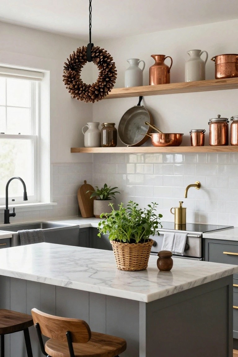 Sage green wooden bookshelves filled with assorted books and decorative pottery including white and patterned jugs, a small pinecone wreath and framed leaf print on a lower shelf, plaid armchair, and wooden stool beside closed cabinets in a living room.