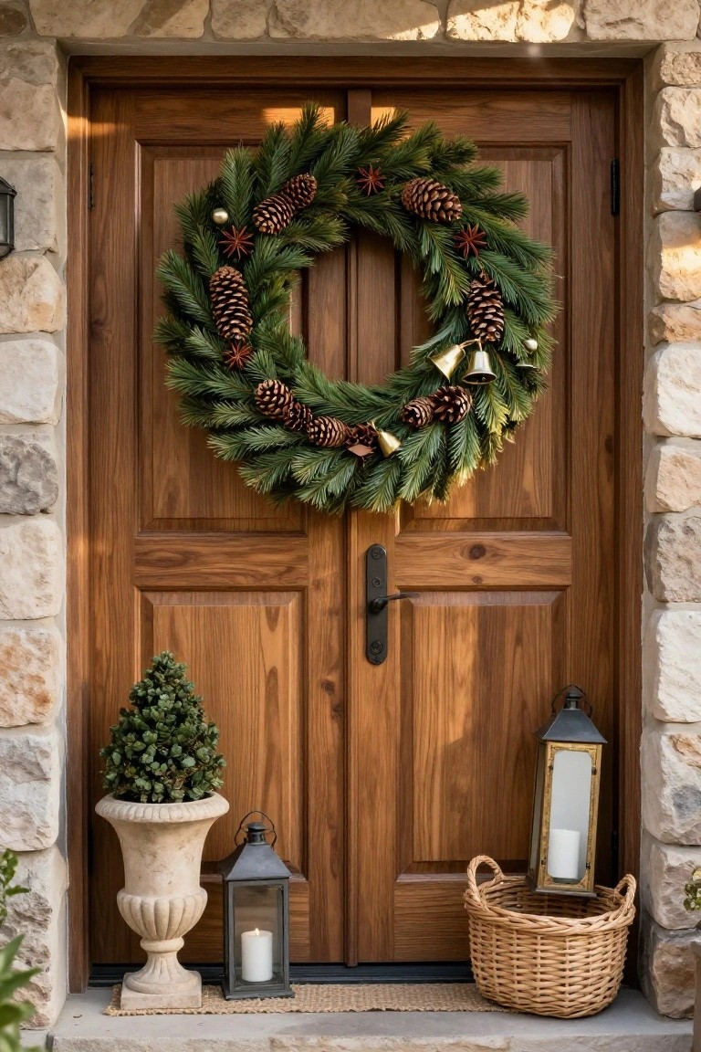 Sage green kitchen cabinets with open shelves holding white dishes, a pinecone wreath with dried oranges hanging on one door, copper pots on a brass hanging rail, olive branches in a glass jar on the wooden countertop next to a white sink, and a window letting in natural light.