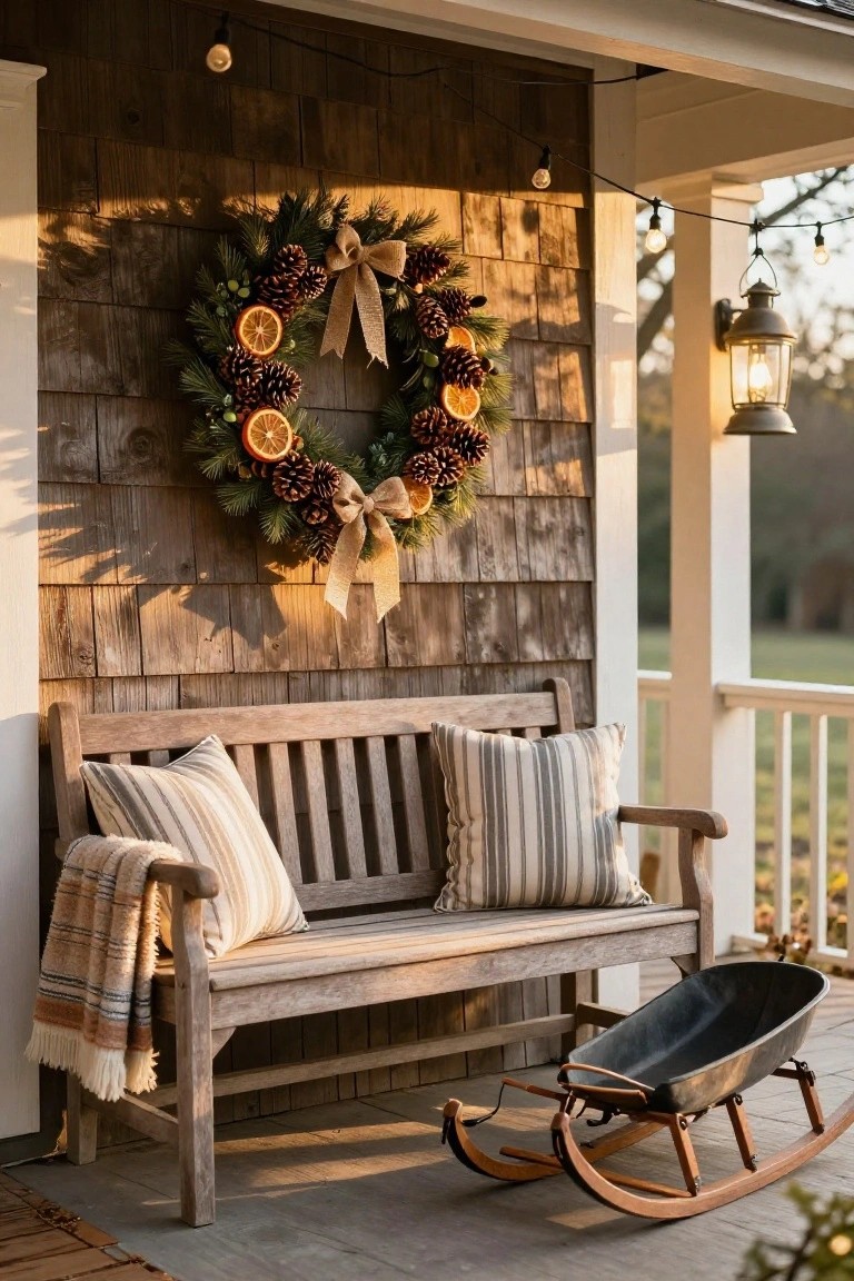 A large wreath of pinecones, magnolia leaves, and berries with a central painted landscape hangs above a wooden mantel holding brass candlesticks and books, over a stone fireplace with burning logs, next to a wooden sled, basket, and beige armchair on an oriental rug in a light room.