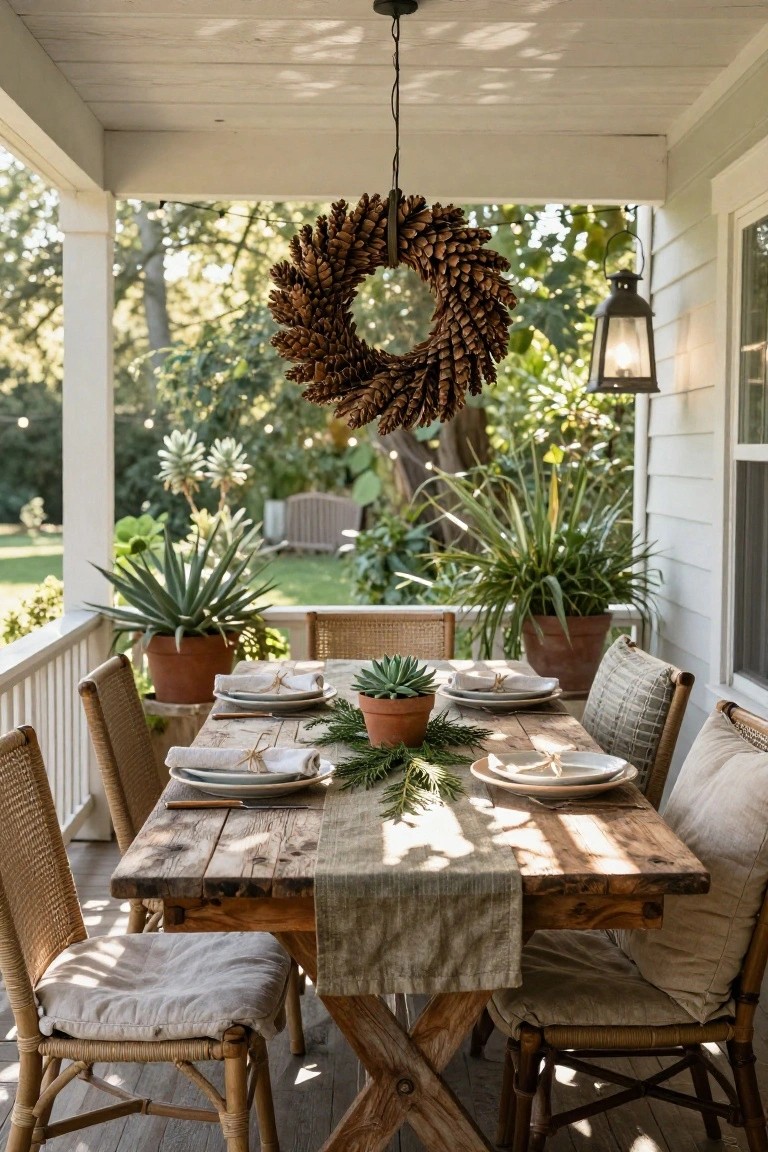 Arched gold mirror with pinecone Christmas wreath and red ribbon hanging on it beside wooden stairs with gray runner, monstera plant in gray pot on wooden side table with brass lamp, white walls and framed photos in interior space.