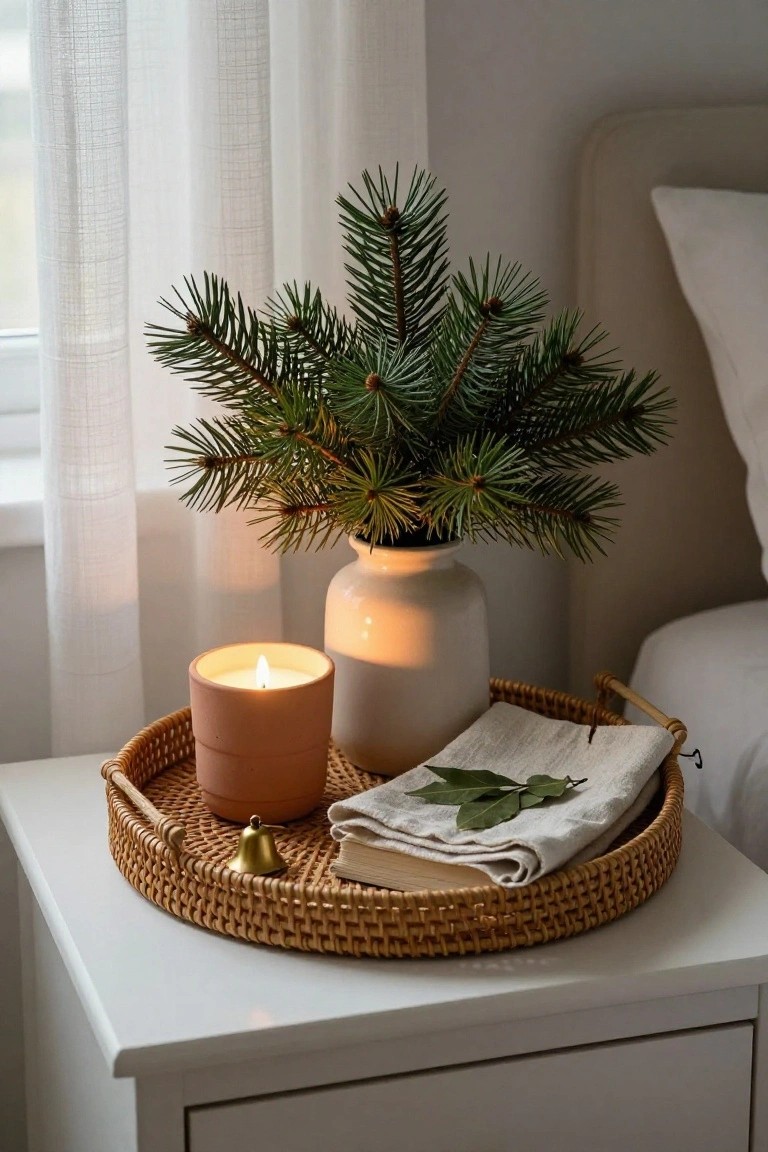 Round rattan tray on a white nightstand displaying a lit terracotta candle, white vase with fir branches, folded white linen cloth with bay leaves, and small gold bell, beside a bed with pillows and sheer window curtains.