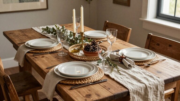 Wooden dining table set for four with round rattan placemats under white plates, linen napkins tied with leather straps and twigs, wine glasses, eucalyptus greenery in a woven tray, terracotta bowl of pinecones, candles, and linen runner.