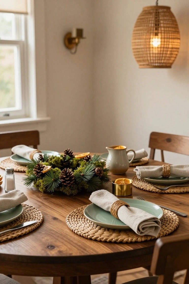 Round wooden dining table set for four with central green moss wreath containing pinecones and dried orange slices, rattan placemats, sage green plates, white linen napkins with rattan and fabric rings, cream-colored pitcher, salt shaker, candle holders, and woven chairs in a beige room with rattan pendant light.