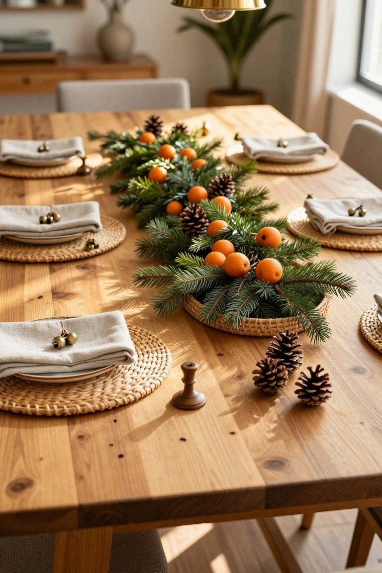 Wooden dining table with rattan placemats, beige linen napkins with bells, plates, and a central elongated rattan basket filled with evergreen branches, oranges, and pinecones, in a light-filled room with chairs and plants.