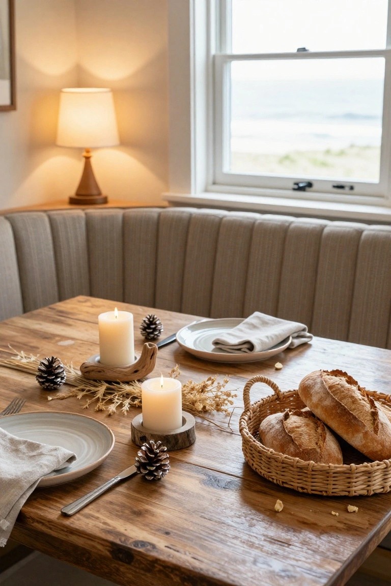 Close-up of a wooden dining table in a beige booth nook, set with white plates, linen napkins, candles in wooden holders, pinecones, dried grasses, and a rattan basket filled with loaves of bread, with an ocean view through a nearby window.