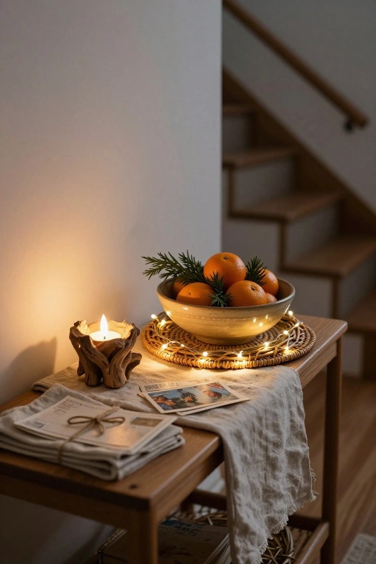 Wooden console table holding a rattan placemat with fairy lights around a bowl of oranges garnished with rosemary sprigs, a lit candle in a driftwood holder, stacks of linen-wrapped papers, and old photographs, positioned near stairs against a white wall.