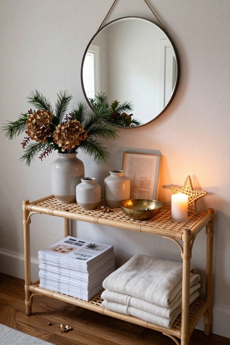 Rattan console table against a light beige wall under a round brass mirror, topped with ceramic vases of pine branches and dried hydrangeas, brass bowl, white candle in glass, woven star light, stacked magazines, and folded white towels on lower shelf.