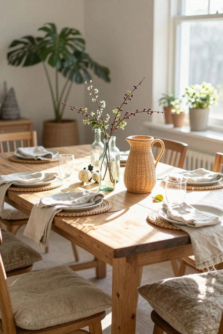 Wooden dining table in a sunlit room set with a rattan pitcher centerpiece containing branches, glass bottles, linen napkins on plates, and wooden chairs with cushions.